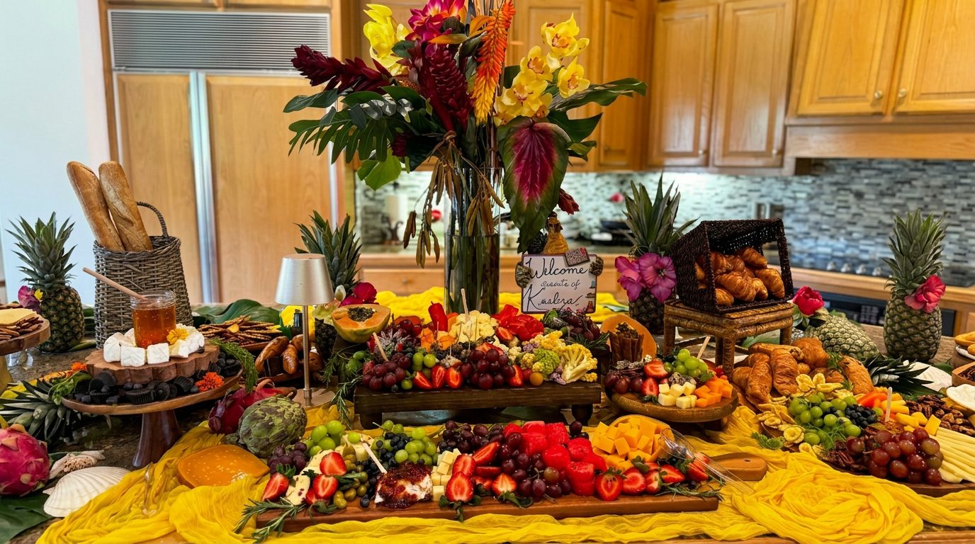 Grazing table by Desires Catering with fresh fruit, cheeses, breads and a floral centerpiece