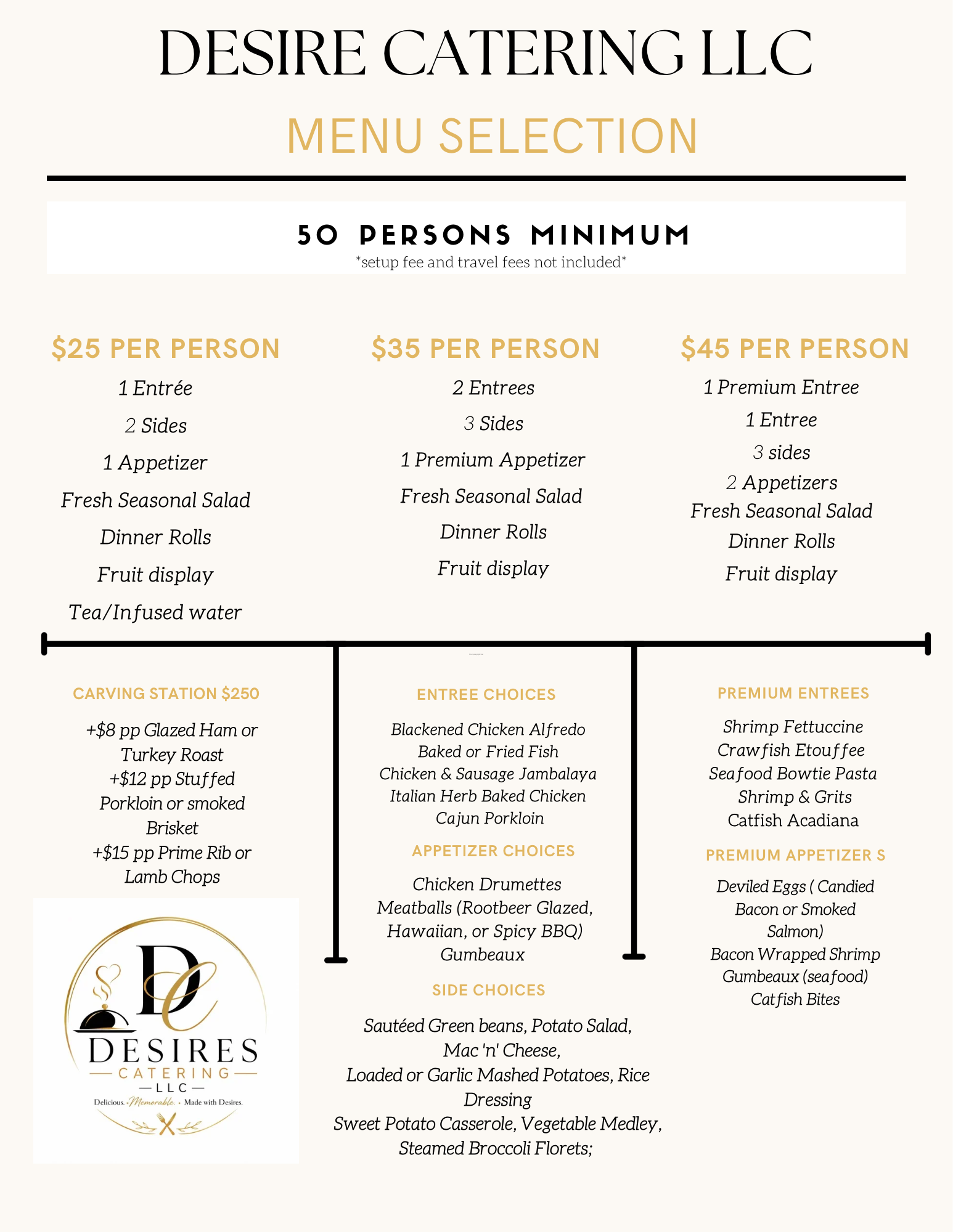 Desires Catering full menu